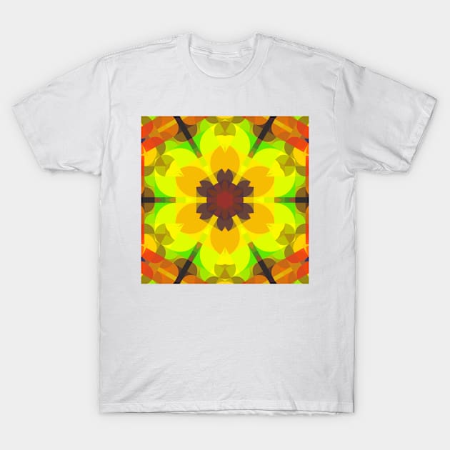 Retro Mandala Flower Orange Yellow and Green T-Shirt by WormholeOrbital